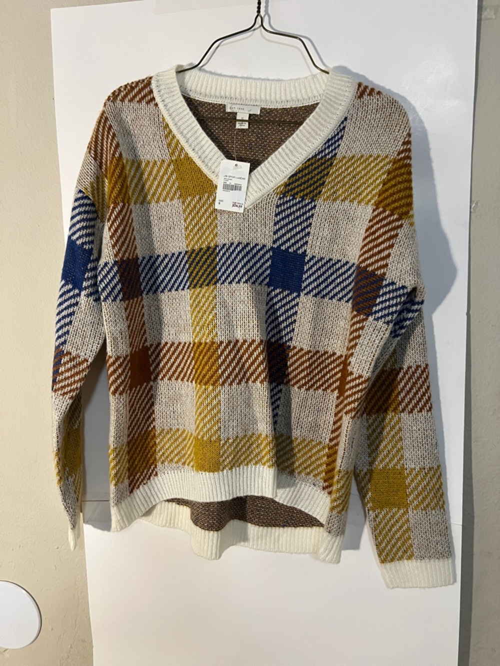 Plaid V-Neck Sweater in Cream, Mustard & Navy by Unknown Brand